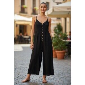 NWT Wide Leg Jumpsuit - Kori America - Black V-Neck Spaghetti Straps - Large